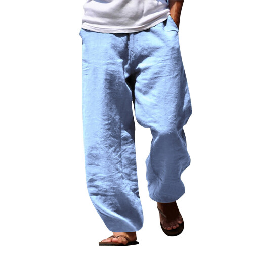 Calças masculinas de algodão e linho com pernas largas, azul claro. 1