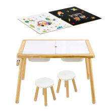 Sensorische Tafel-Duoku-voor Kinderen, Houten Activiteitentafel met 2 Krukken, Dubbelzijdig Oppervlak, Opbergbakken