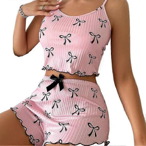 (S, PinkS) Bow Print Pajama Set - Ruffled Crop Top And Shorts - Polyester