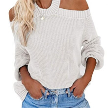 Women's Off Shoulder Shirt Cross Back Long Sleeves Sweater Loose Fit Knitting Tops Solid Color S-3XL