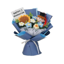(Blue) Handmade Yarn Graduation Bouquet Crochet Sunflower Doll Keepsake Gift