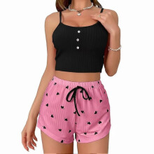 (L, BlackA) Women's Pajama Set Summer - Heart Print, Cami Shorts, Polyester, 2 Piece
