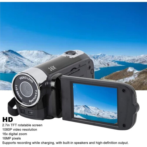Câmera de Vídeo Portátil, Câmera DV de 1080P 16MP com Zoom Digital de 16x, Tela Rotativa TFT de 2,7 Polegadas e Cabo USB 1
