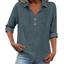 Flash Promo-Women's linen top with three-quarter sleeves, casual and elegant V-neck pullover, button-down shirt Blue color XL