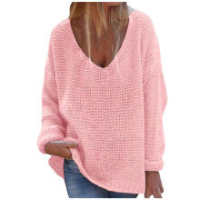 Damen-Winterstrickpullover mit V-Ausschnitt, einfarbig rosa
