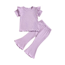 Mädchen Sommeroutfit, Set aus schlichtem Oberteil und Hose mit Print, Lila