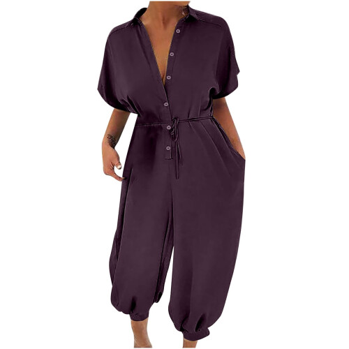 Women's Solid Short-Sleeve Button Jumpsuit Casual