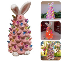 (Pink) 2025 Lighted Easter Bunny Ceramic Tabletop Tree, 5.9inch Pre-Lit Rabbit with Colorful Lamp Beads & Bunny Ear Top, Spring Easter Decor