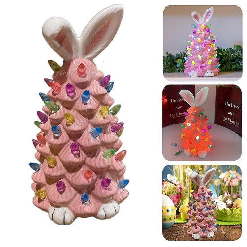 (Pink) 2025 Lighted Easter Bunny Ceramic Tabletop Tree, 5.9inch Pre-Lit Rabbit with Colorful Lamp Beads & Bunny Ear Top, Spring Easter Decor