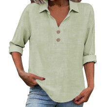Flash Promo-Women's linen top with three-quarter sleeves, casual and elegant V-neck pullover, button-down shirt light green XL