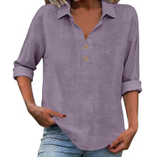 Flash Promo-Women's linen top with three-quarter sleeves, casual and elegant V-neck pullover, button-down shirt Purple XXL