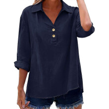 Flash Promo-Women's linen top with three-quarter sleeves, casual and elegant V-neck pullover, button-down shirt Blue color XXL