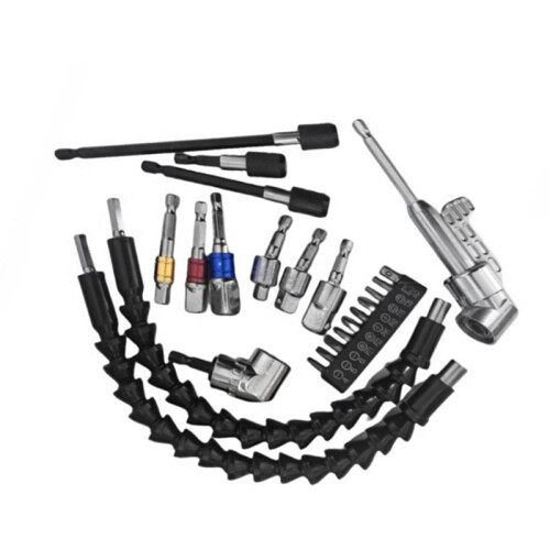 23pcs Flexible Drill Bit Extension Set with Right Angle Drill Attachment, Universal Socket & Adapters