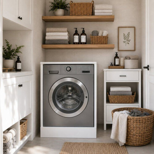 Meuble cache-lave-linge - THE WHITE STONE - 707092 cm - Blanc mat - MDF mélaminé - Gain de place