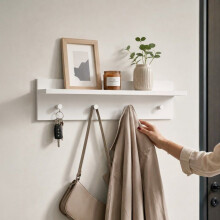 Portemanteau mural - THE WHITE STONE - Modèle 801523 cm - 4 patères - Étagère 5 kg - Blanc mat gain de place