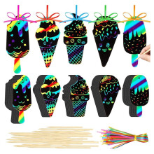 100 Eiscreme-Rubbelkarten in Regenbogenfarben, Sommer-Rubbelkarten-Bastelsets mit Stäbchen für Partys
