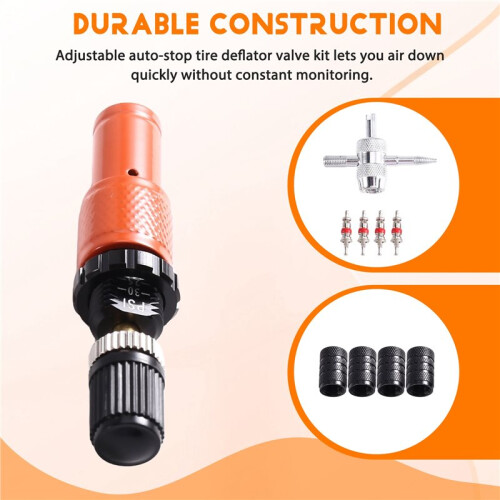 Adjustable Auto-Stop Tire Deflators Valve Kit (10-30 PSI) 4 PCS Screw- Tyre Air Down Tool 2