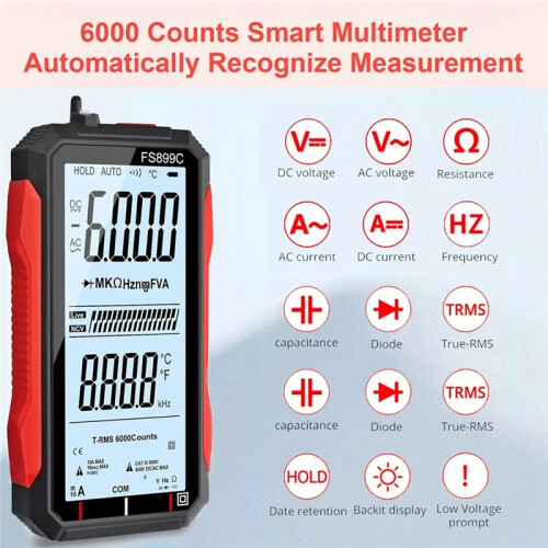 Multímetro Digital FS899C Auto-Ranging 6000 Contagens True RMS NCV Testador de Tensão e Corrente com Tela de 4,8 Polegadas 1
