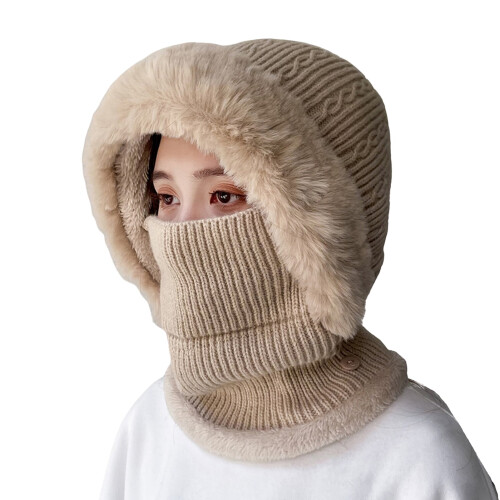 Gorro de tricô com orelhas de pelúcia e protetor de pescoço bege 1