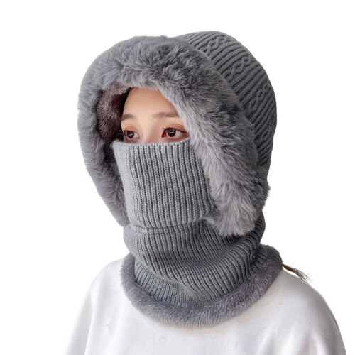 Strickmütze mit Plüschohren und Halswärmer, Grau 1