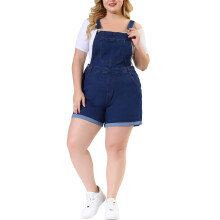 Salopetă de damă cu tiv rulat și buzunar, mărime plus, pantaloni scurți, salopetă din denim, albastru 5X