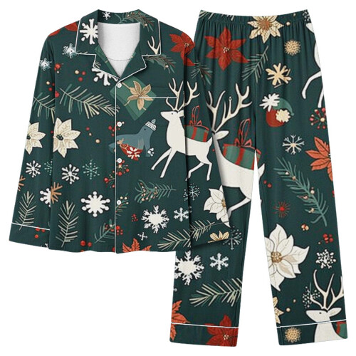 Conjunto de pijama de Natal feminino com decote em V, manga comprida e elástico.