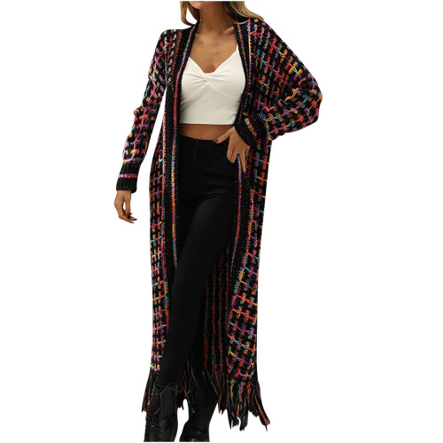 Boho-Cardigan, offener Maxi-Strickpullover im Azteken-Tribal-Stil 1
