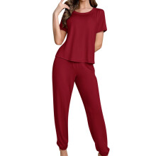 Casual damestop met ronde hals en bijpassende broek met trekkoord
