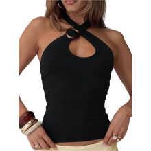 Débardeur Court à Bretelles Croisées pour Femme, Sans Manches, Dos Nu, Coupe Ajustée, Couleur Unie, avec Découpes Noir M