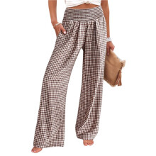 Women'S Striped Gingham Palazzo Pants Wide Leg High Waisted Lounge Pajama Pants with Pockets Brown M