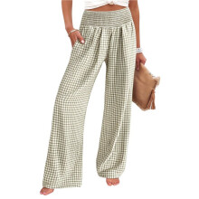 Women'S Striped Gingham Palazzo Pants Wide Leg High Waisted Lounge Pajama Pants with Pockets Yellow-Green S