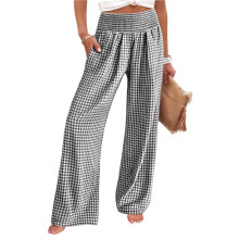 Women'S Striped Gingham Palazzo Pants Wide Leg High Waisted Lounge Pajama Pants with Pockets Black S