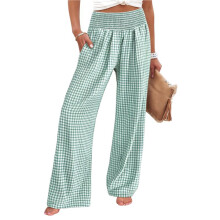 Women'S Striped Gingham Palazzo Pants Wide Leg High Waisted Lounge Pajama Pants with Pockets Green XXL