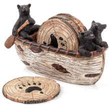 Bear Coasters Set of 6 Full Size Lack Bear Log Cabin Decorations, Rustic Lodge Decor for the Home