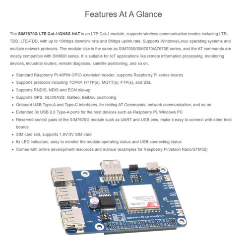 Cat-1/GNSS HAT for Raspberry Pi , Based  SIM7670G Module, Global Multi-Band LTE 4G Cat-1 Support, GNSS, 3x USB 2.0 2