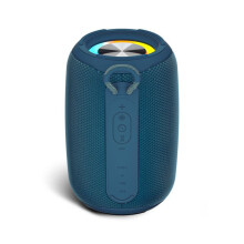 Waterdichte blauwe Bluetooth-luidspreker met kleurrijke verlichting, kaartsleuf, ingebouwde subwoofer en helder, krachtig geluid.