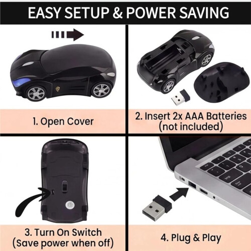 Black Portable Wireless Car Mouse, USB Receiver, 1600DPI Optical, Ergonomic  Computer Mouse, for Laptop, PC, Tablet 2