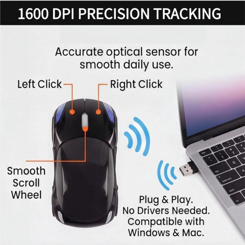 Black Portable Wireless Car Mouse, USB Receiver, 1600DPI Optical, Ergonomic  Computer Mouse, for Laptop, PC, Tablet 2
