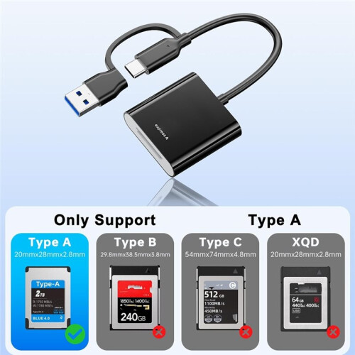 Type A Card Reader USB 3.2 Gen2 10Gbps, 2-in-1 USB-C & USB-A CF Express Type A Adapter, Not for XQD 2