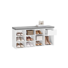 Shoe Bench - Wood - White - Storage with Open Compartments and Padded Seat