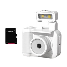 SLR Style Camera Cmos 128GB with Flash Light & Charging Dock Portable Video Recorder DV 1080P with LCD Screen White