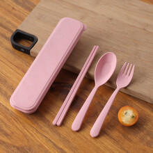 (Pink) 3Pcs/Set Portable Tableware Set Plastic Cutlery Sets Fork Spoon Chopsticks Suit Eco-friendly Reusable Travel Flatware With Box