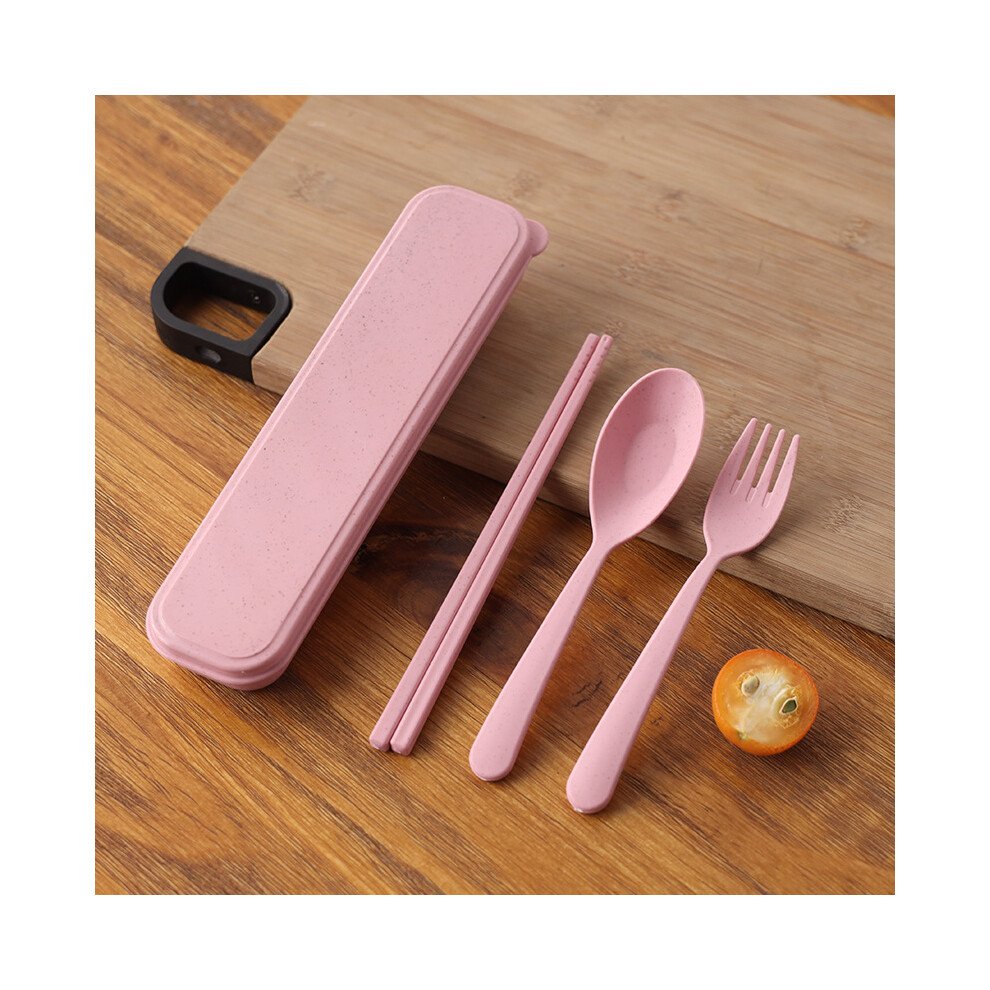 Stoyotu (Pink) 3Pcs/Set Portable Tableware Set Plastic Cutlery Sets Fork Spoon Chopsticks Suit Eco-Friendly Reusable Travel Flatware With Box