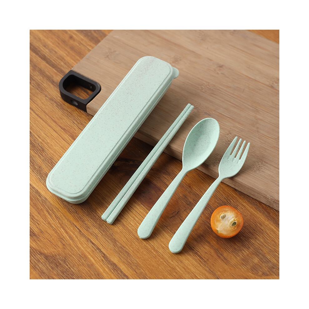 Stoyotu (Green) 3Pcs/Set Portable Tableware Set Plastic Cutlery Sets Fork Spoon Chopsticks Suit Eco-Friendly Reusable Travel Flatware With Box