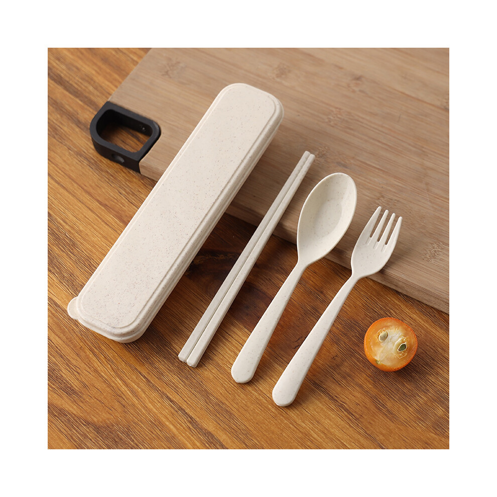 Stoyotu (Beige) 3Pcs/Set Portable Tableware Set Plastic Cutlery Sets Fork Spoon Chopsticks Suit Eco-Friendly Reusable Travel Flatware With Box