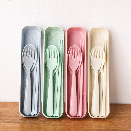 (Blue) 3Pcs/Set Portable Tableware Set Plastic Cutlery Sets Fork Spoon Chopsticks Suit Eco-friendly Reusable Travel Flatware With Box 1