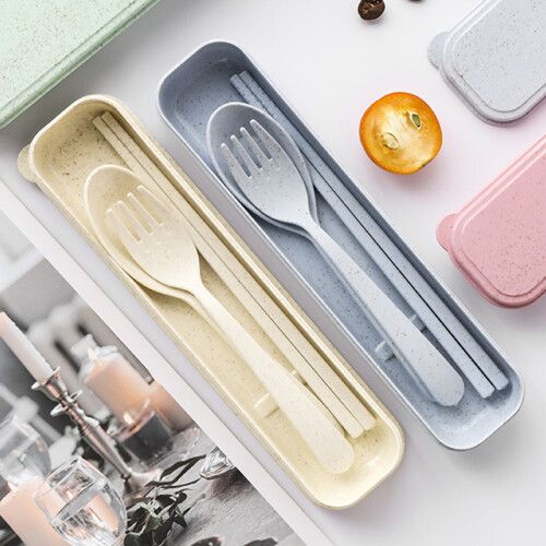 (Blue) 3Pcs/Set Portable Tableware Set Plastic Cutlery Sets Fork Spoon Chopsticks Suit Eco-friendly Reusable Travel Flatware With Box 2