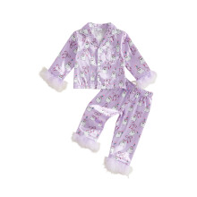 (12-18 Months, Purple) Kid Girl Halloween Pajamas Set Pumpkin/Ghost Print Long Sleeve Tops Elastic Waist Pants 2 Pieces Satin Sleepwear