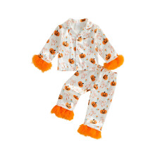 (2-3 Years, Apricot) Kid Girl Halloween Pajamas Set Pumpkin/Ghost Print Long Sleeve Tops Elastic Waist Pants 2 Pieces Satin Sleepwear