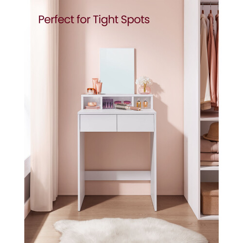 Dressing Table - Wood - Cloud White - Large Mirror, 2 Drawers, and 3 Open Compartments 2